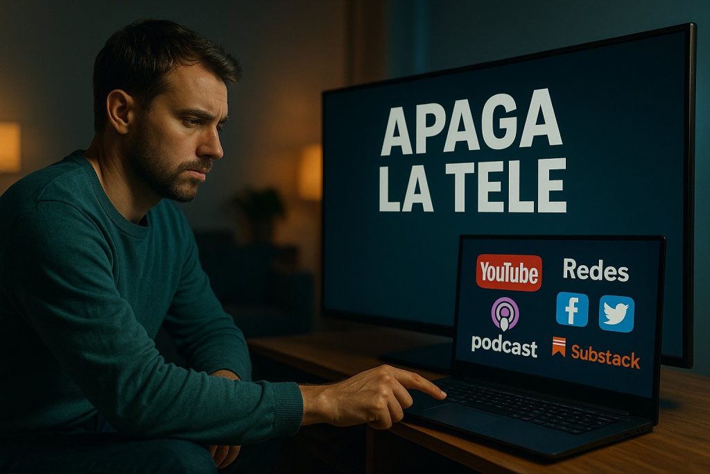 Persona apagando la televisión mientras busca información libre y alternativa en plataformas digitales.