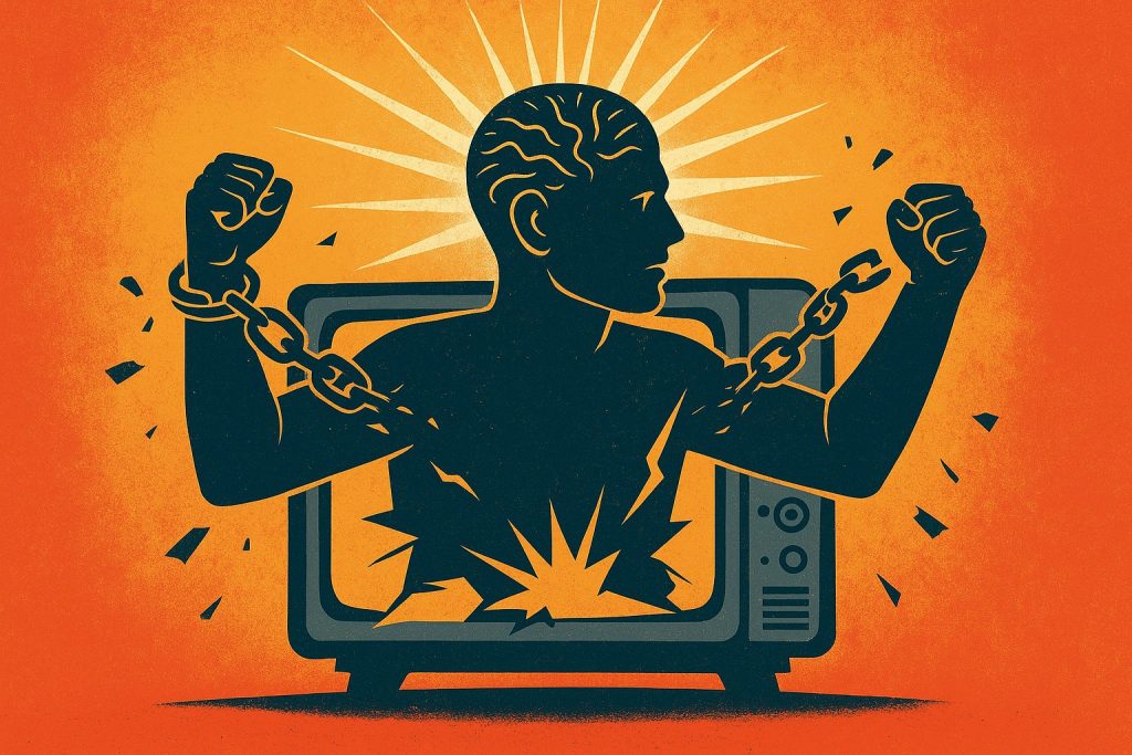 Persona rompiendo un televisor como símbolo de liberación del control mediático