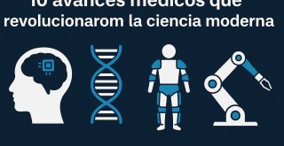 Infografía con avances médicos como chip cerebral, ADN, exoesqueleto y brazo robótico sobre fondo azul oscuro.